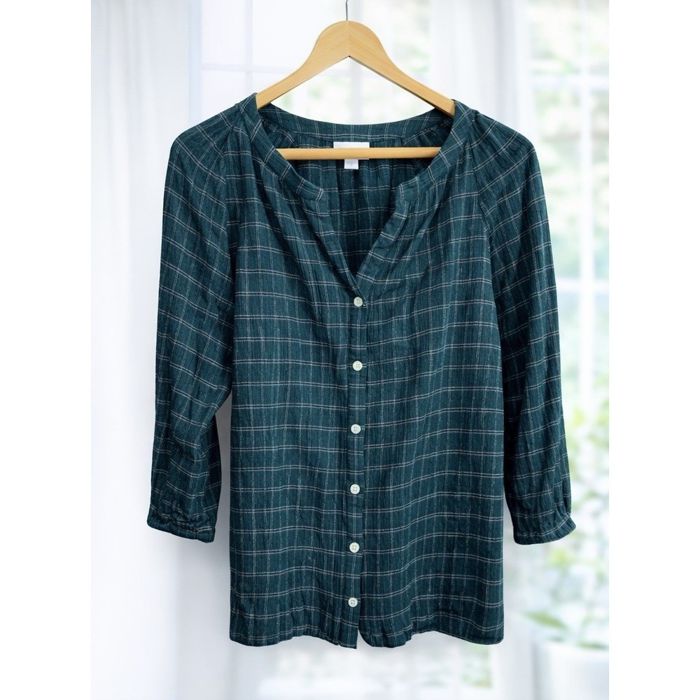 J Jill Denim Green‎ Windowpane Plaid 3/4 Sleeve Button Front Blouse Top Size S